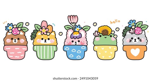 Set of cute animal stay in plant pot with flower.Teddy bear,shiba inu dog,rabbit,frog,cat hand drawn.Cartoon character design.Spring.Floral.Kawaii.Vector.Illustration.