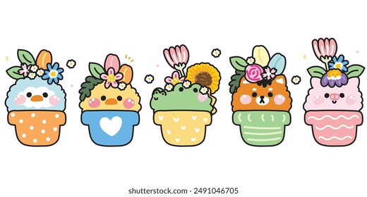 Set of cute animal stay in plant pot with flower.Penguin,chicken,crocodile,tiger,pig hand drawn.Cartoon character design.Spring.Floral.Kawaii.Vector.Illustration.