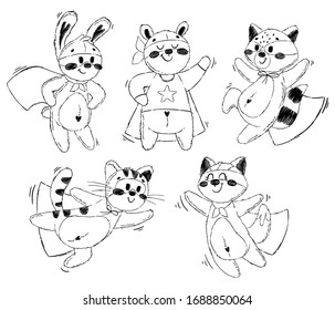 Set of cute animal superheroes. Bundle of hand drawn line art characters: teddy bear, bunny, fox, cat, raccoon. Collection of vector hero for children's book or coloring, print, poster.