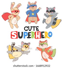 Conjunto de adorables superhéroes animales con letras. Conjunto de caracteres dibujados a mano: oso de peluche, liebre, zorro, gato, mapache. Colección de héroe vectorial para libros infantiles o colorear, imprimir, afiche.