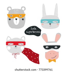 Set of cute animal superheroes. Perfect for kids print. Vector hand drawn illustration.