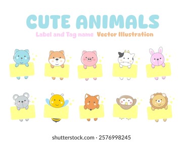 Set of cute animal tag name label illustrations for kids with a fun, featuring bear, cat, rabbit, dog, pig, and more, vector illustration