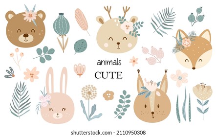 Сhildren's set of cute animal teddy bear, deer, bunny, squirrel, fox, flower, leaf. Vector illustration for fabric, textile, card, sticker, print in hand drawn doodle style