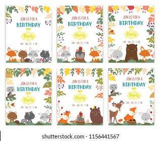 set of cute animal theme birthday party invitation card vector.