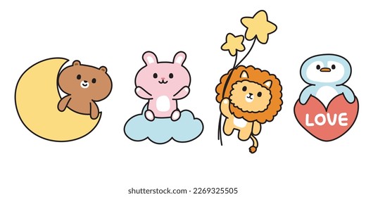 Set of cute animal in various poses on white background.Bear hold on moon.Rabbit sit on cloud.Lion hold star balloon.Penguin on heart.Kawaii.Vector.Illustration.