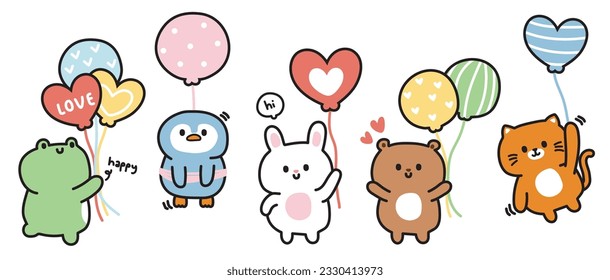 Set of cute animal in various poses with balloon on white background.Cute character cartoon design.Wild,pet,reptile animal.Image for card,poster,baby product,print screen.Kawaii.Vector.Illustration.