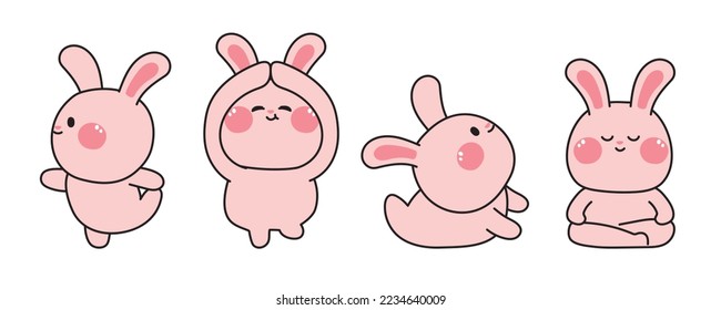 Set of cute animal in various yoga poses.Rabbit meditation collection.Cartoon hand drawn.Image for card,sticker.Kawaii.Isolated.Vector.Illustration.