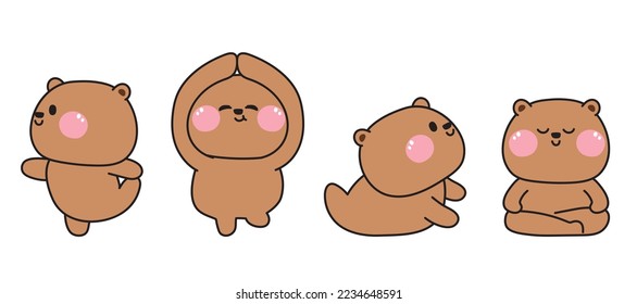 Set of cute animal in various yoga poses.Teddy bear meditation collection.Cartoon hand drawn.Image for card,sticker.Kawaii.Isolated.Vector.Illustration.