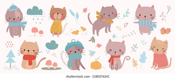 Set of cute animal vector. Autumn season with cat, friendly pets, clothing in fall season, maple leaf in doodle pattern. Adorable funny animal and characters hand drawn collection on white background.