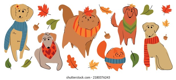 Set of cute animal vector. Autumn season with dog, friendly pets, clothing in fall season, maple leaf in doodle pattern. Adorable funny animal and characters hand drawn collection on white background.