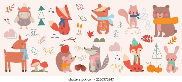 Set of cute animal vector. Autumn season with rabbit, bear, hedgehog, fox, deer, squirrel, owl in doodle pattern. Adorable funny animal and fall characters hand drawn collection on white background.