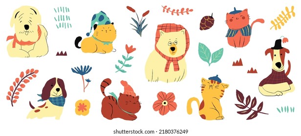 Set of cute animal vector. Autumn season with cat, dog, friendly pets, clothing in fall season in doodle pattern. Adorable funny animal and characters hand drawn collection on white background.