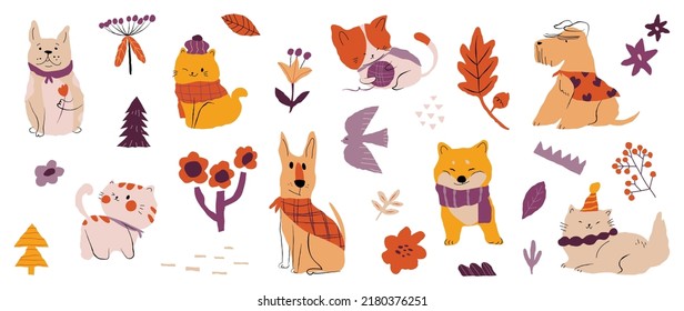 Set of cute animal vector. Autumn season with cat, dog, friendly pets, clothing in fall season in doodle pattern. Adorable funny animal and characters hand drawn collection on white background.