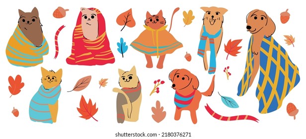 Set of cute animal vector. Autumn season with cat, dog, friendly pets, clothing in fall season in doodle pattern. Adorable funny animal and characters hand drawn collection on white background.