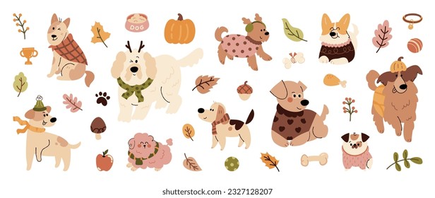 Set of cute animal vector. Autumn season with dogs, friendly pets, clothing, element in fall season in doodle pattern. Adorable funny animal and characters hand drawn collection on white background.