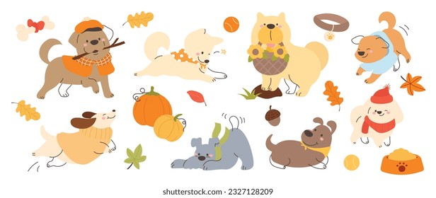 Conjunto de lindos vectores animales. Temporada de otoño con perros, mascotas amigables, ropa, elemento en la temporada de otoño en el patrón de doodle. Adorable y divertida colección dibujada a mano por animales y personajes sobre fondo blanco.