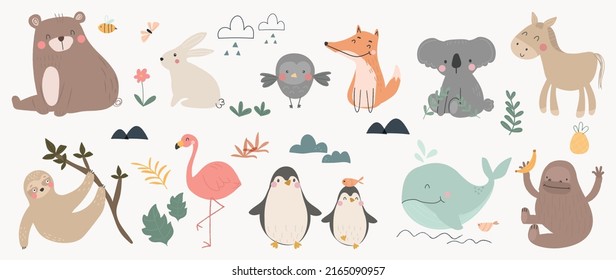 Conjunto de lindos vectores animales. Vida salvaje amigable con oso, pereza, conejo, pingüino, koala, burro en patrón de doodle. Un animal adorable y divertido y muchos personajes dibujaron a mano la colección sobre fondo blanco.