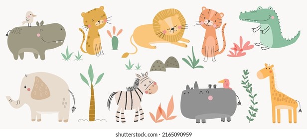 Set of cute animal vector. Friendly wild life with tiger, hippo, zebra, elephant, crocodile in doodle pattern. Adorable funny animal and many characters hand drawn collection on white background.