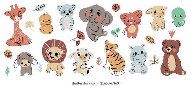 Conjunto de lindos vectores animales. Vida salvaje de bebé amigable con león, elefante, cerdo, vaca, jirafa, tigre en patrón de doodle. Un animal adorable y divertido y muchos personajes dibujaron a mano la colección sobre fondo blanco.