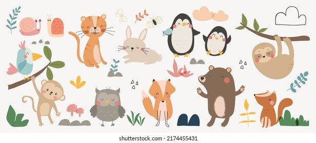 Set of cute animal vector. Friendly wildlife with penguin, rabbit, monkey, owl, sloth, bear in doodle pattern. Adorable funny animal and many characters hand drawn collection on white background.