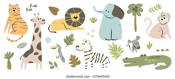 Set of cute animal vector. Friendly wild life with tiger, lion, zebra, elephant, crocodile in doodle pattern. Adorable funny animal and many characters hand drawn collection on white background.