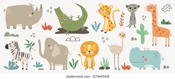 Conjunto de lindos vectores animales. Vida silvestre amistosa con leopardo, cocodrilo, rinoceronte, cebra, elefante en forma de doodle. Un animal adorable y divertido y muchos personajes dibujaron a mano la colección sobre fondo blanco.