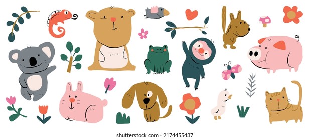 Set of cute animal vector. Friendly wildlife with bear, rabbit, sloth, pig, cat, dog, koala in doodle pattern. Adorable funny animal and many characters hand drawn collection on white background.