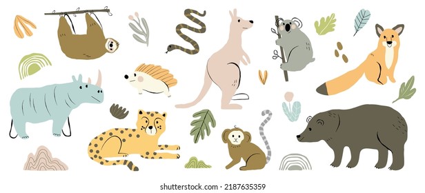 Conjunto de lindos vectores animales. Vida salvaje amigable con koala, canguro, zorro, leopardo, oso, pereza en patrón de doodle. Un animal adorable y divertido y muchos personajes dibujaron a mano la colección sobre fondo blanco.