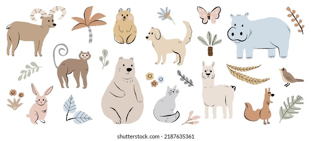 Set cute animal vector  Friendly wild life and hippo  bear  rabbit  bird  squirrel  cat in doodle pattern  Adorable funny animal   many characters hand drawn collection white background 