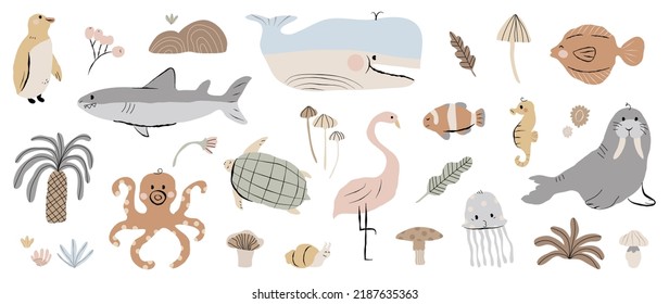 Conjunto de lindos vectores animales. Vida salvaje amigable con ballena, tiburón, pulpo, pingüino, pescado, tortuga en patrón de doodle. Animales marinos adorables y muchos personajes dibujados a mano sobre fondo blanco.