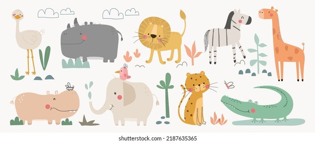 Set of cute animal vector. Friendly wild life with hippo, leopard, crocodile, elephant, lion in doodle pattern. Adorable funny animal and many characters hand drawn collection on white background.