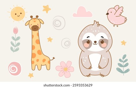 Set of cute animal vector. Friendly animal with sloth, giraffe and bird. Funny animal. Vector illustration