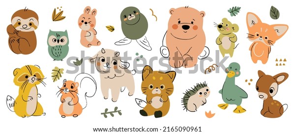 Set of cute animal vector. Friendly wild life
with bear, sloth, deer, red panda, squirrel, duck in doodle
pattern. Adorable funny animal and many characters hand drawn
collection on white
background.