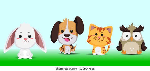 Set cute animal vector illustration, design dog, tiger, bunny and owl 