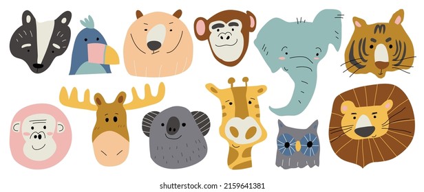 Set of cute animal vector. Lovely and friendly wild life with lion, elephant, bear, giraffe in doodle pattern. Adorable funny animal and many characters hand drawn collection on white background.