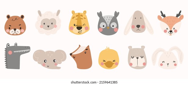 Set of cute animal vector. Lovely and friendly wild life with elephant, deer, rabbit, tiger in doodle pattern. Adorable funny animal and many characters hand drawn collection on white background.