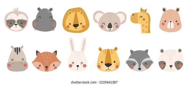 Conjunto de lindos vectores animales. Vida silvestre encantadora y amigable con racco, panda, hipopótamo, conejo en forma de doodle. Un animal adorable y divertido y muchos personajes dibujaron a mano la colección sobre fondo blanco.