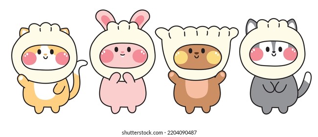 Set Of Cute Animal Wear Dumpling Costume On Head.Chinese Food Coolection.Cat,rabbit,bear,dog Cartoon Hand Drawn.Asian Meal.Kawaii.Vector.Illustration.