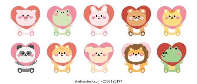 Set of cute animal wear heart costume head sit on white background.Pastel concept.Wild,reptile,farm,pet funny animals character cartoon design.Kawaii.Vector.Illustration.