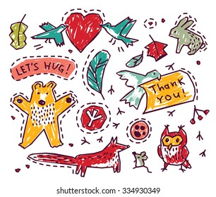 Set cute animal wild objects isolate white. Collection of doodles design elements with wild animal and objects. Color vector illustration. EPS8