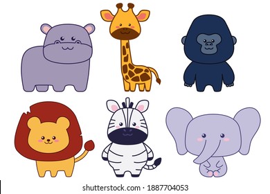 Set of cute animals of Africa isolated on a white background. Flat design for poster or t-shirt. Vector illustration