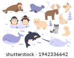 Set of cute animals of the arctic and antarctic isolated on white background. Vector graphics.