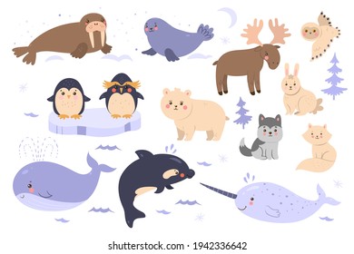 Set of cute animals of the arctic and antarctic isolated on white background. Vector graphics.