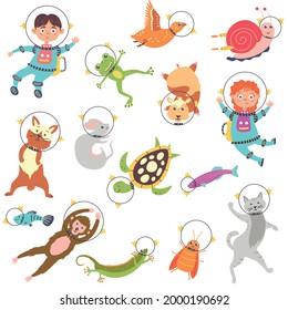 Conjunto de astronautas de animales bonitos y niños en el espacio. Colección de vectores