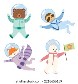 Set of Cute Animals Astronauts in Space. Funny Sloth, Bear, Fox and Rabbit Cosmonauts Wear Space Suits Flying in Weightlessness Isolated on White Background. Cartoon Vector Illustration