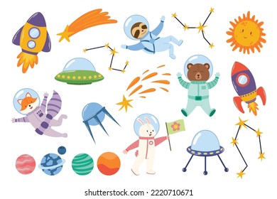 Set of Cute Animals Astronauts in Space. Funny Sloth, Bear, Fox and Rabbit. Alien Saucers, Planets, Sun, Constellation and Satellite, Rocket, Spacecraft Shuttle and Comet. Cartoon Vector Illustration