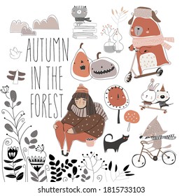 Set of cute animals with autumn elements. Hello autumn
