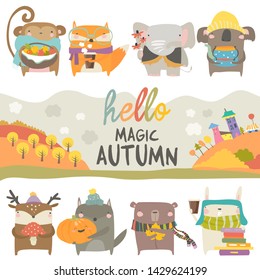 Set of cute animals with autumn theme on white background