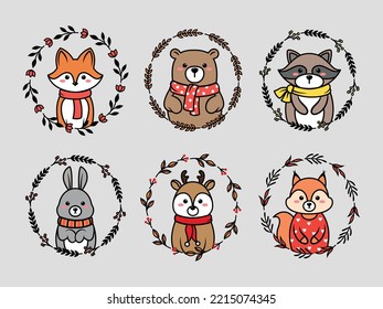 Set of cute animals with autumn wreath. Collection of stylized fall plants with kitten, hare, reindeer, bear etc. Holiday pet. Vector illustration isolated on white background.