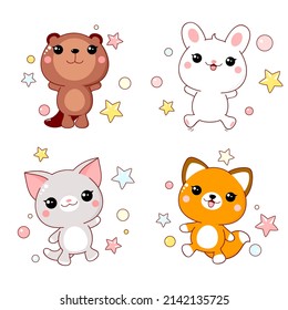 Set of cute animals baby - fox, cat, bunny, beaver. Childish collection of kawaii characters. Vector illustration EPS8 svg